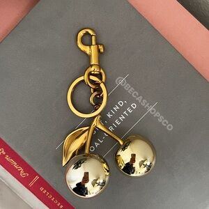 Cherry Bag Charm Keychain Resin and Metal Gold Cherries